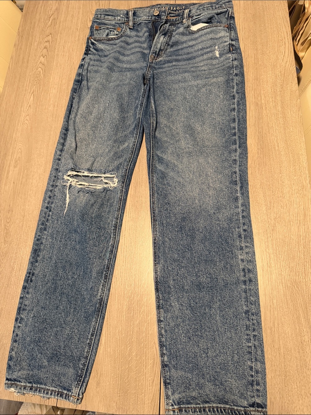 American Eagle Outfitters Medium Blue Straight-Leg Jeans with Distressing